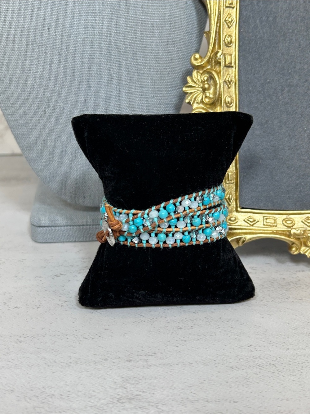 Turquoise Multi-Strand Stone and Crystal Beaded Wrap Bracelet with Brown Leather
